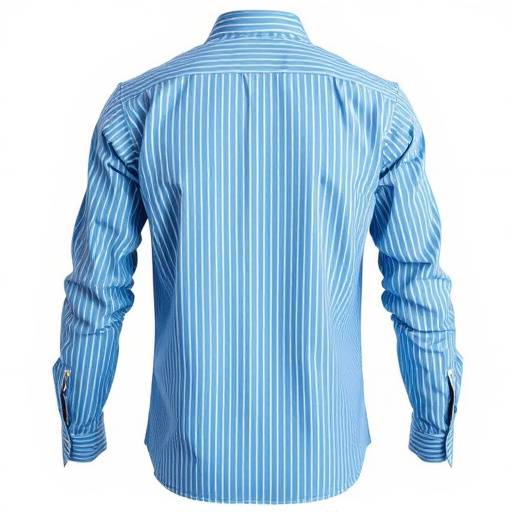 Camisa social masculina listrada, tons de azul, manga comprida.