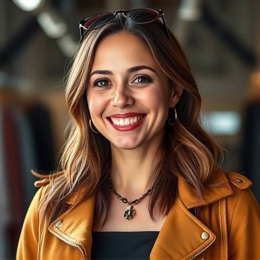 Retrato de Ana Paula, gerente de estilo da Estilo Elegante, posando com um sorriso confiante e vestindo roupas da marca.