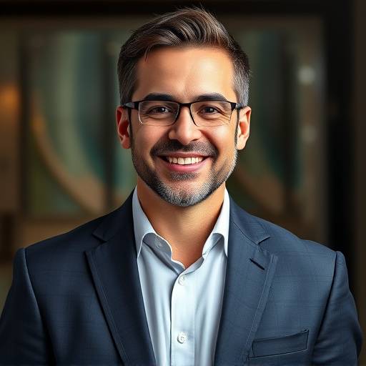 Retrato de Roberto Almeida, gerente de vendas da Estilo Elegante, vestindo um terno elegante e sorrindo para a câmera.